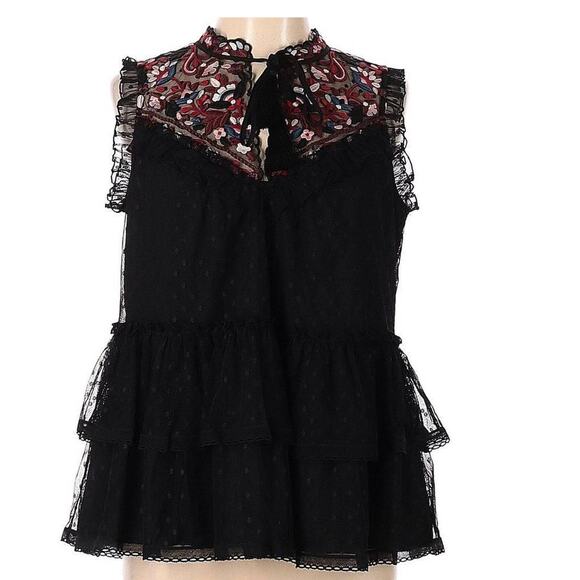NWT Kate Spade Black Camellia Embroidered Ruffle Peplum Blouse Women’s Large - Picture 2 of 9